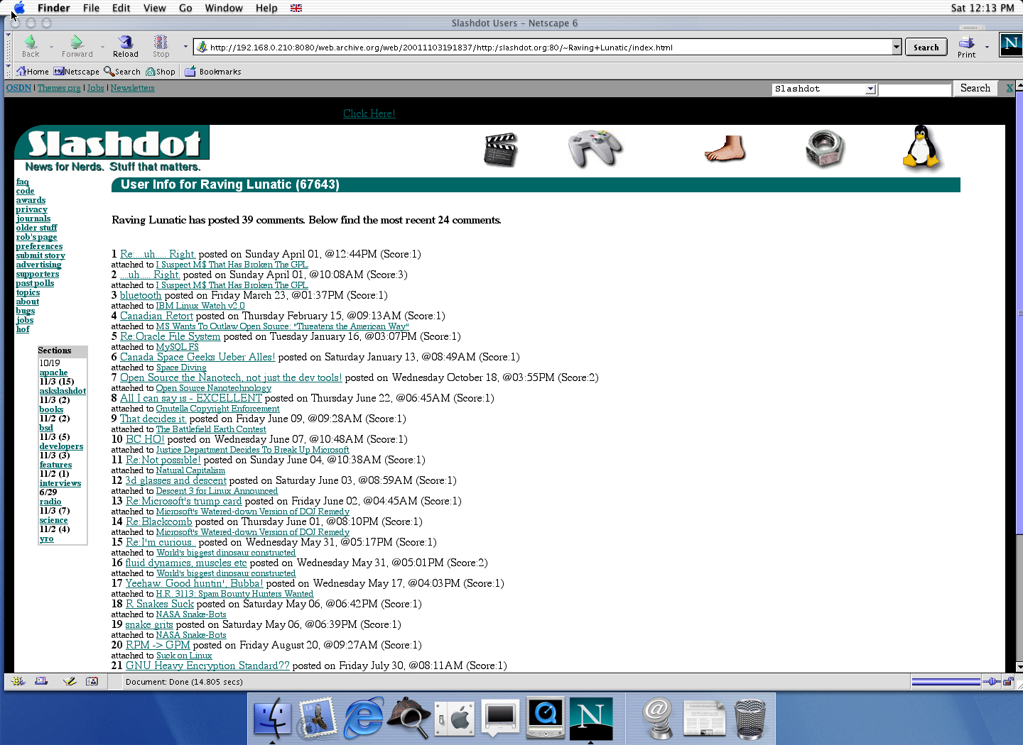 OS X 10.0 PPC with Netscape 6.1 displaying a page from Slashdot archived at November 03, 2001 at 19:18:37