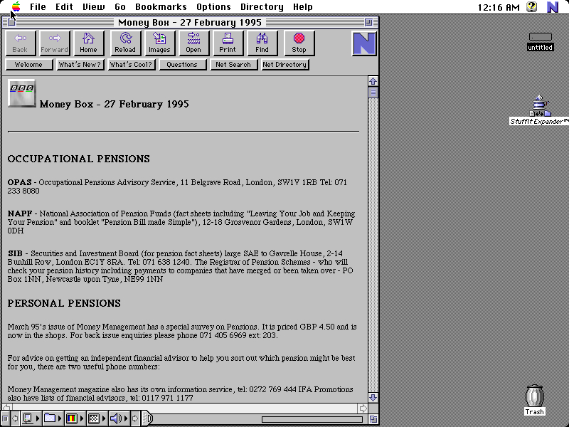 Mac OS 7 m68k with Netscape Navigator 1.0 displaying a page from BBC.co.uk archived at March 01, 1995 at 19:02:27