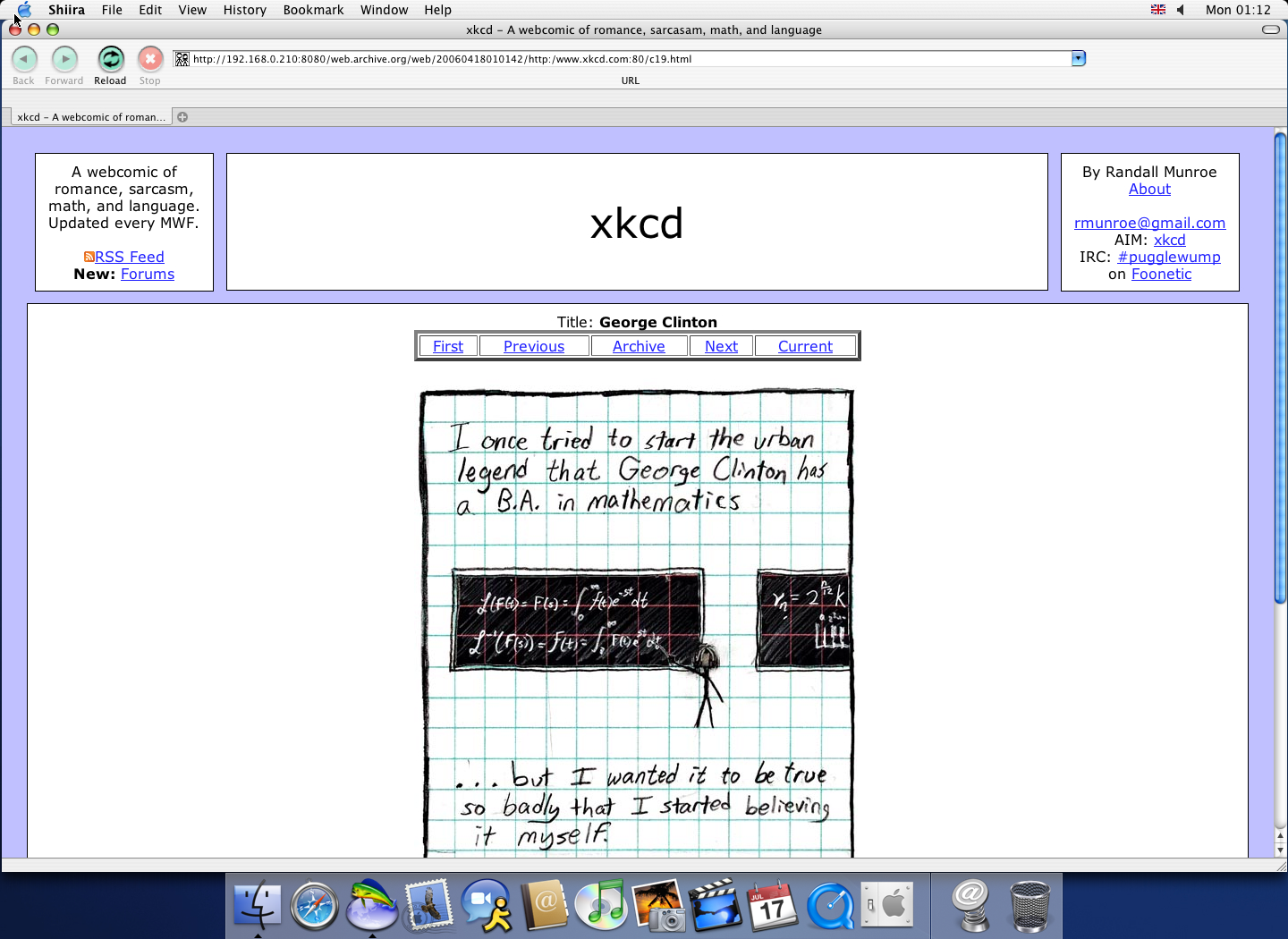 OS X 10.3 PPC with Shiira 0.9.1 displaying a page from XKCD archived at April 18, 2006 at 01:01:42
