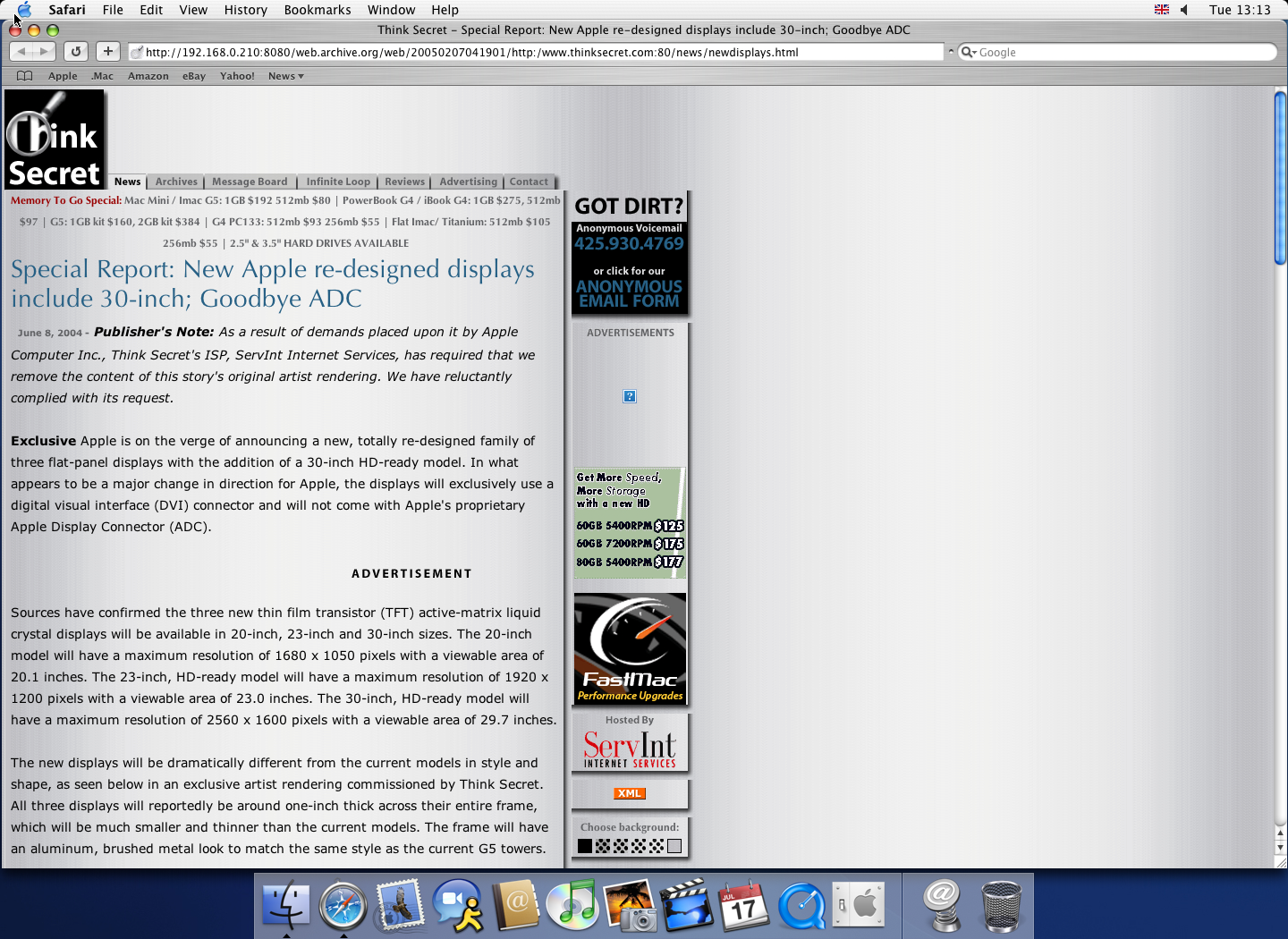 OS X 10.3 PPC with Safari 1.1 displaying a page from Think Secret archived at February 07, 2005 at 04:19:01