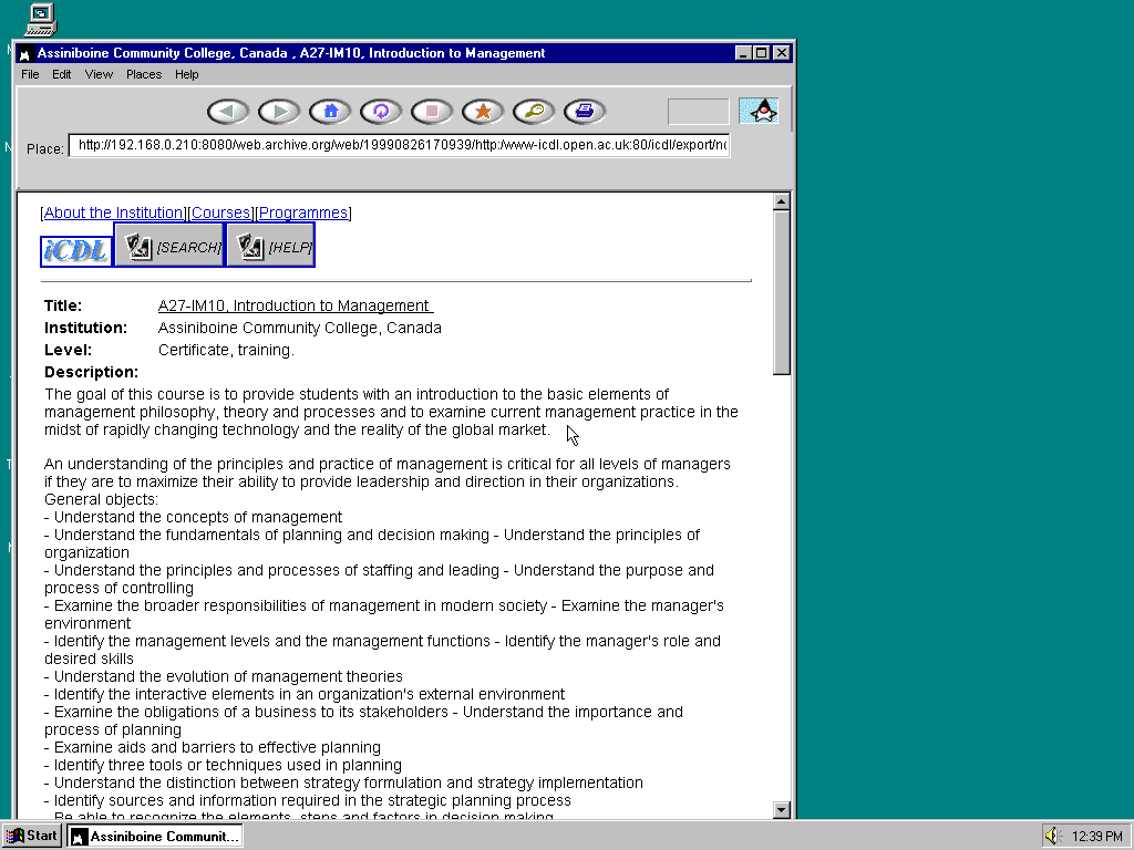 Windows 95 OSR2 x86 with HotJava 1.0 displaying a page from Open University archived at August 26, 1999 at 17:09:39