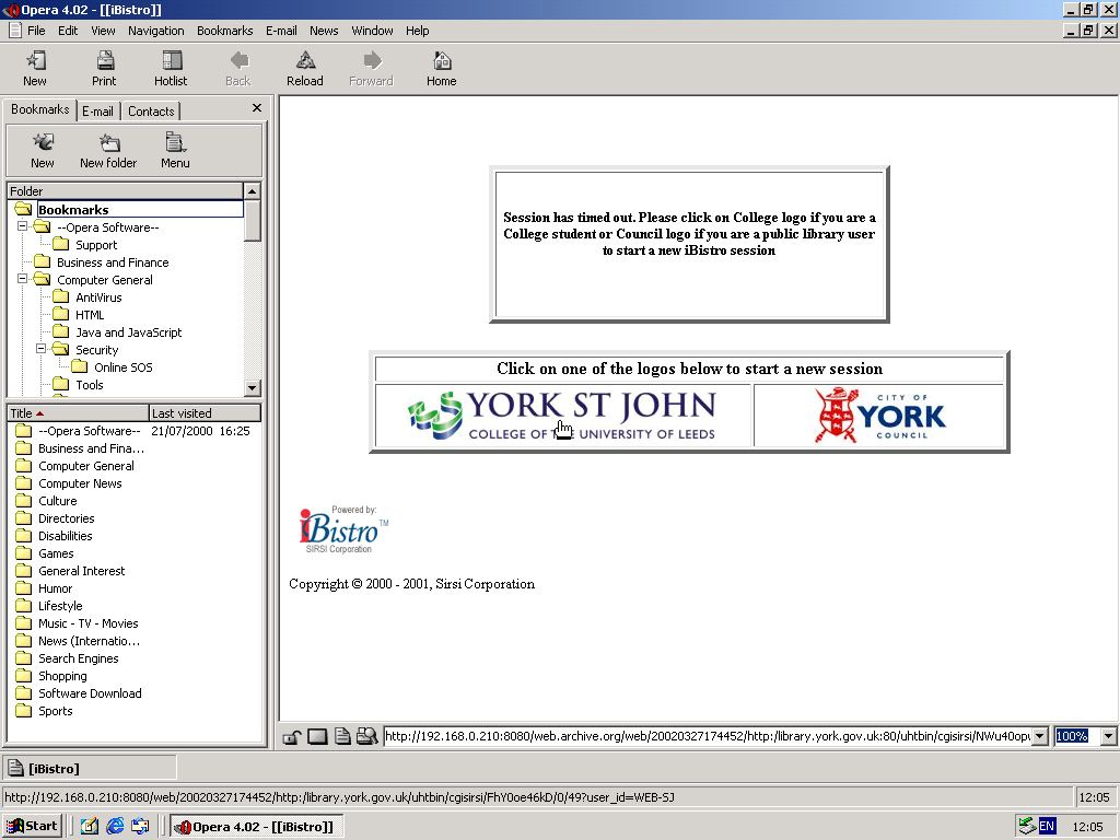 Windows 2000 Pro x86 with Opera 4.0 displaying a page from City of York Council archived at March 27, 2002 at 17:44:52