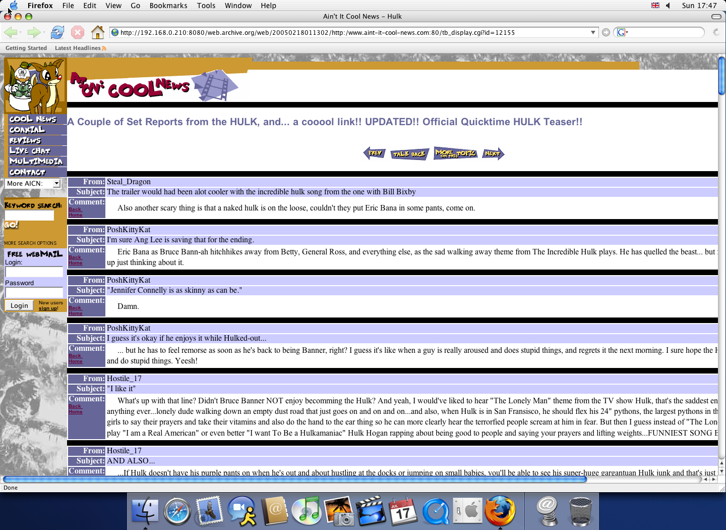 OS X 10.3 PPC with Mozilla Firefox 1.0 displaying a page from Ain't it Cool News archived at February 18, 2005 at 01:13:02