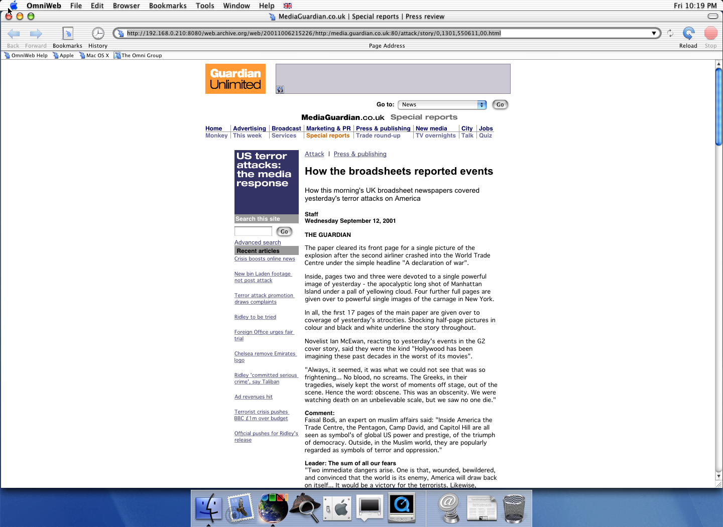 OS X 10.0 PPC with OmniWeb 4.0 displaying a page from The Guardian archived at October 06, 2001 at 21:52:26