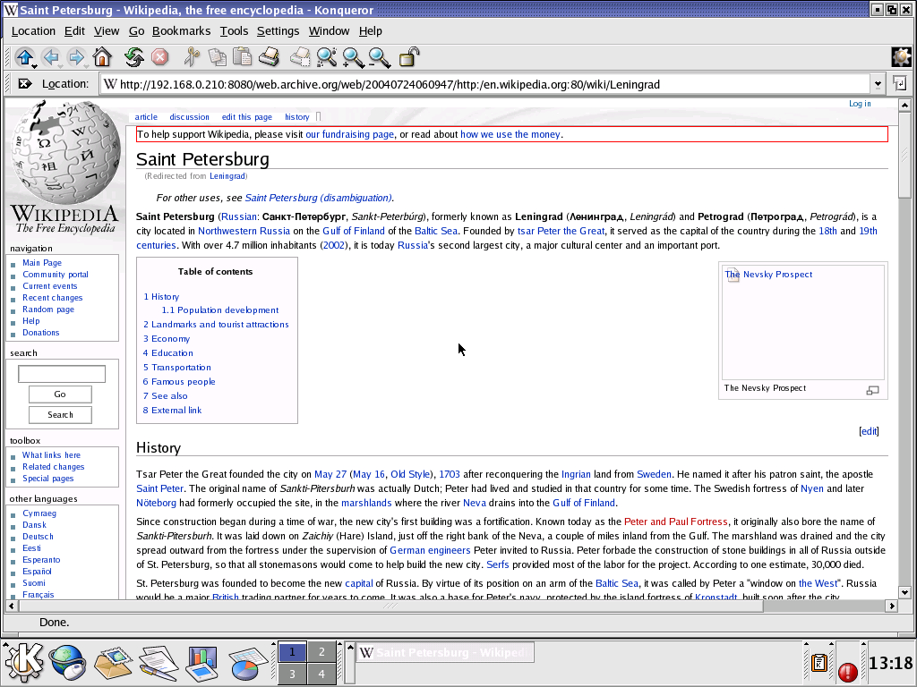 Red Hat 8.0 with Konqueror 3.0 displaying a page from Wikipedia.org archived at July 24, 2004 at 06:09:47