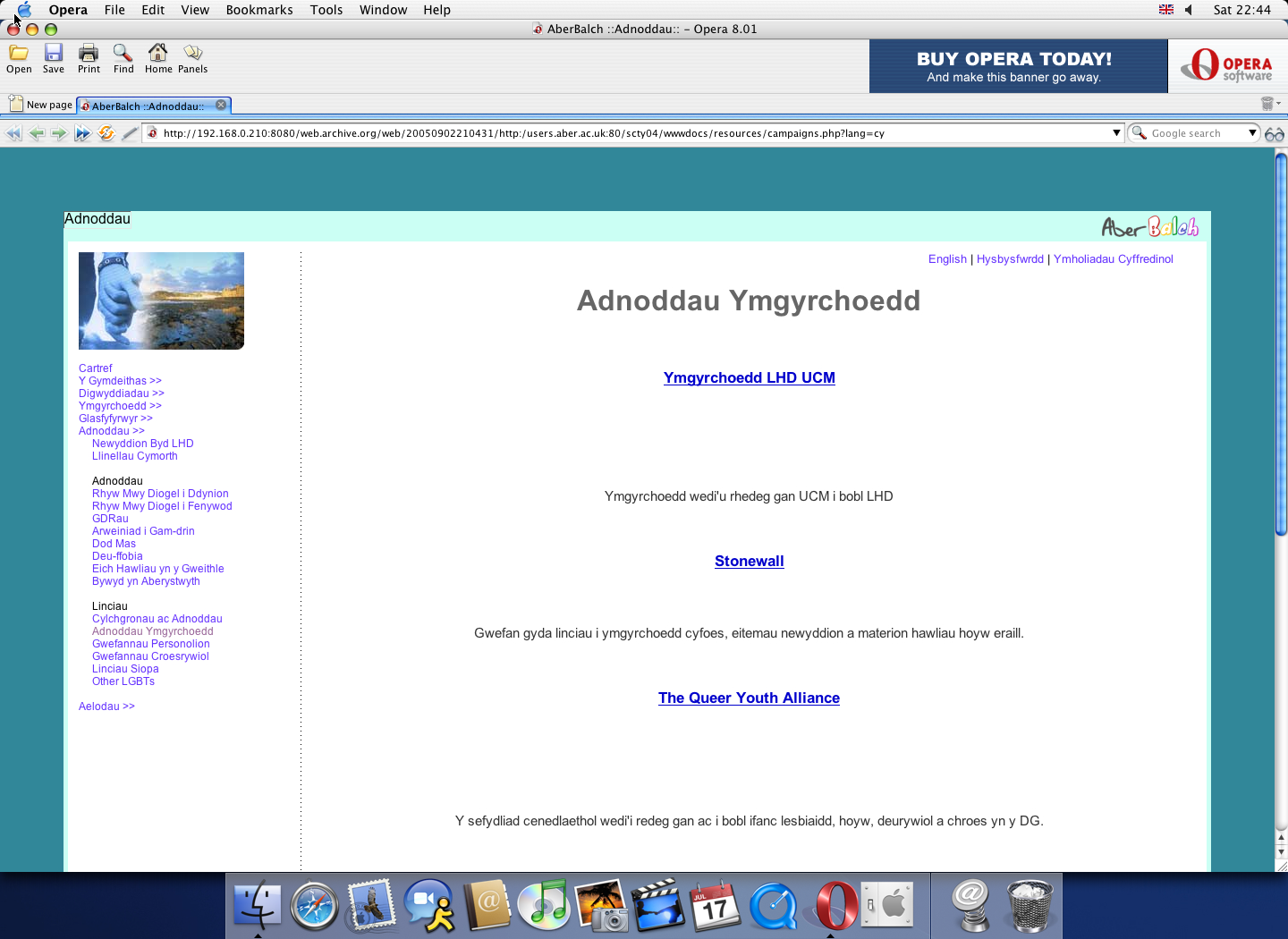 OS X 10.3 PPC with Opera 8.01 displaying a page from University of Aberystwyth archived at September 02, 2005 at 21:04:31