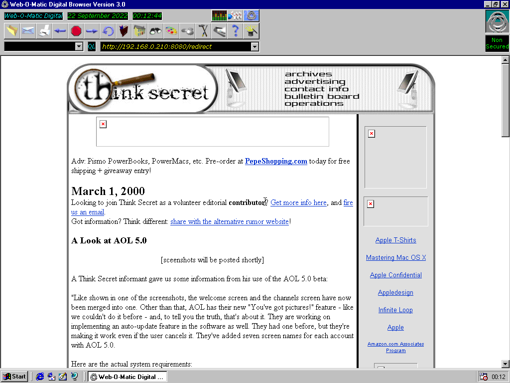 Windows 98 RTM x86 with Web-O-Matic Digital Browser 3.0 displaying a page from Think Secret archived at March 02, 2000 at 22:02:03