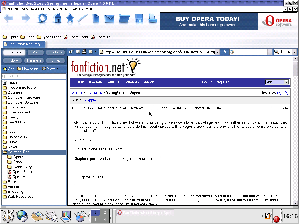 Red Hat 8.0 with Opera 7.0 displaying a page from FanFiction.net archived at October 25, 2004 at 07:23:34