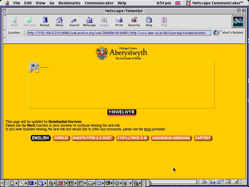 Mac OS 9.0.4 PPC with Netscape Communicator 4.73 displaying a page from University of Aberystwyth archived at June 18, 2000 at 16:48:51