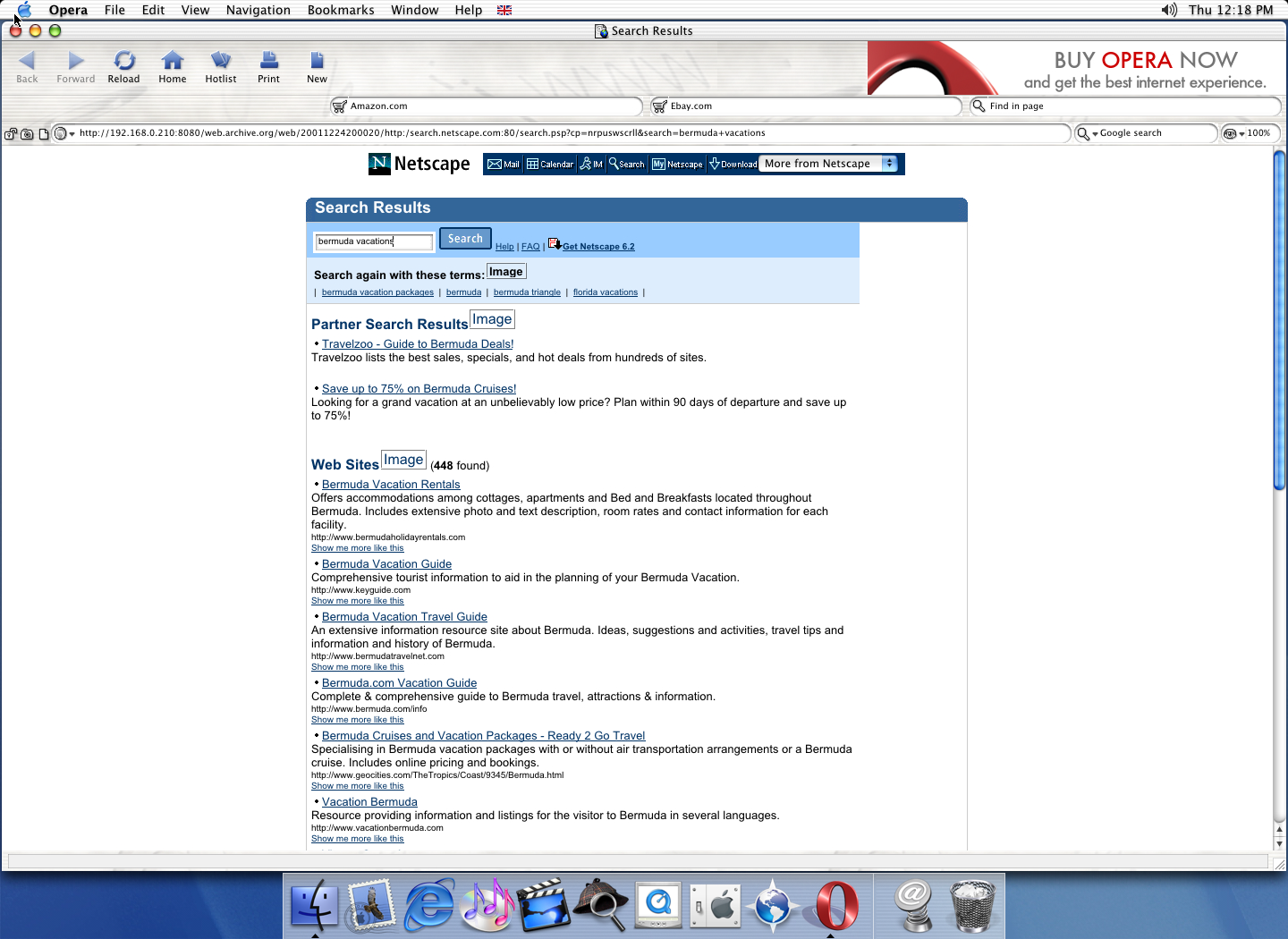 OS X 10.1 PPC with Opera 6.0 displaying a page from Netscape archived at December 24, 2001 at 20:00:20