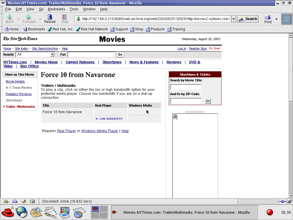 Red Hat 8.0 with Mozilla Suite 1.0 displaying a page from New York Times archived at August 20, 2003 at 13:09:25