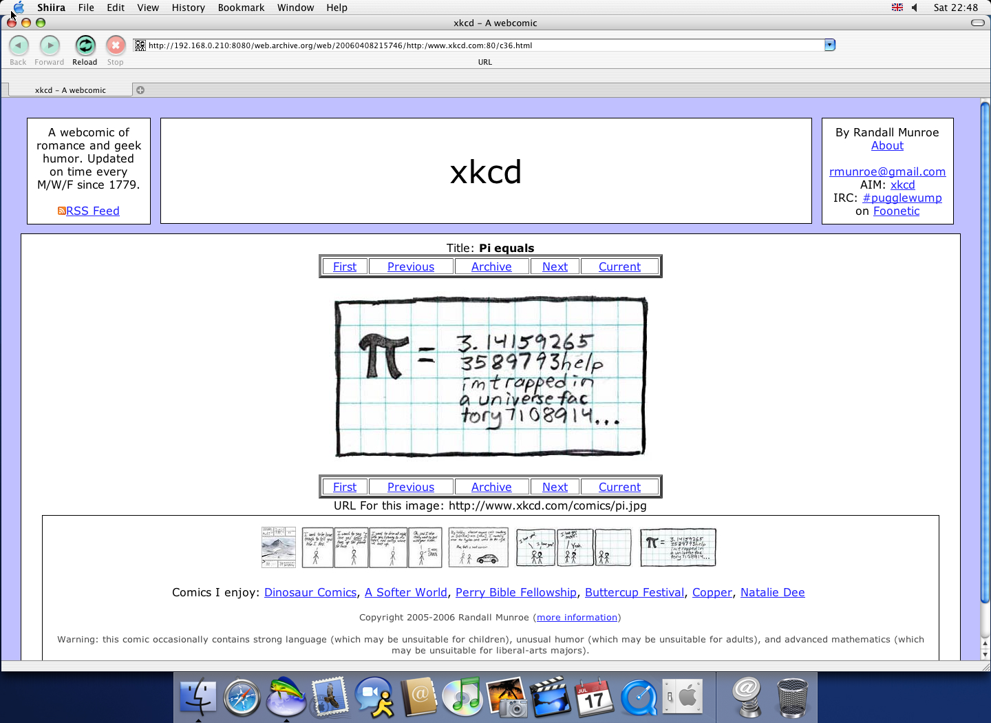 OS X 10.3 PPC with Shiira 0.9.1 displaying a page from XKCD archived at April 08, 2006 at 21:57:46