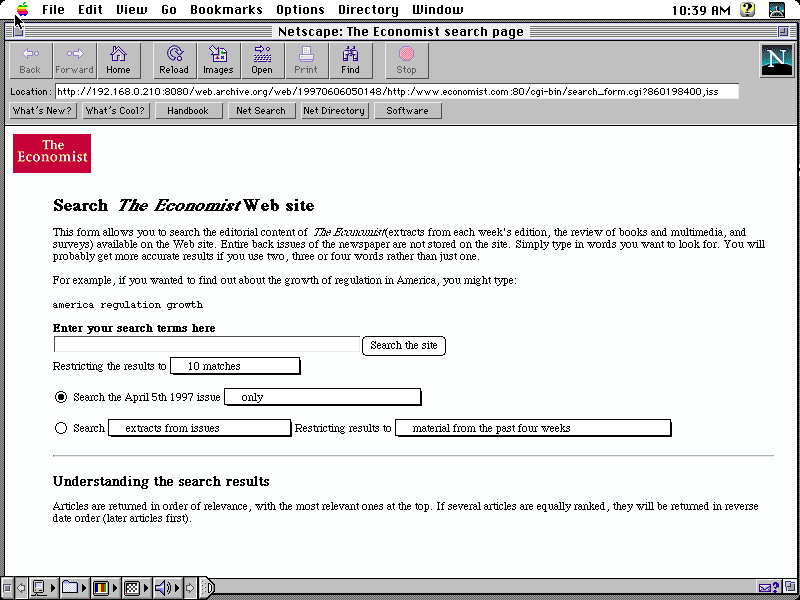 Mac OS 7 m68k with Netscape Navigator 2.0 displaying a page from The Economist archived at June 06, 1997 at 05:01:48